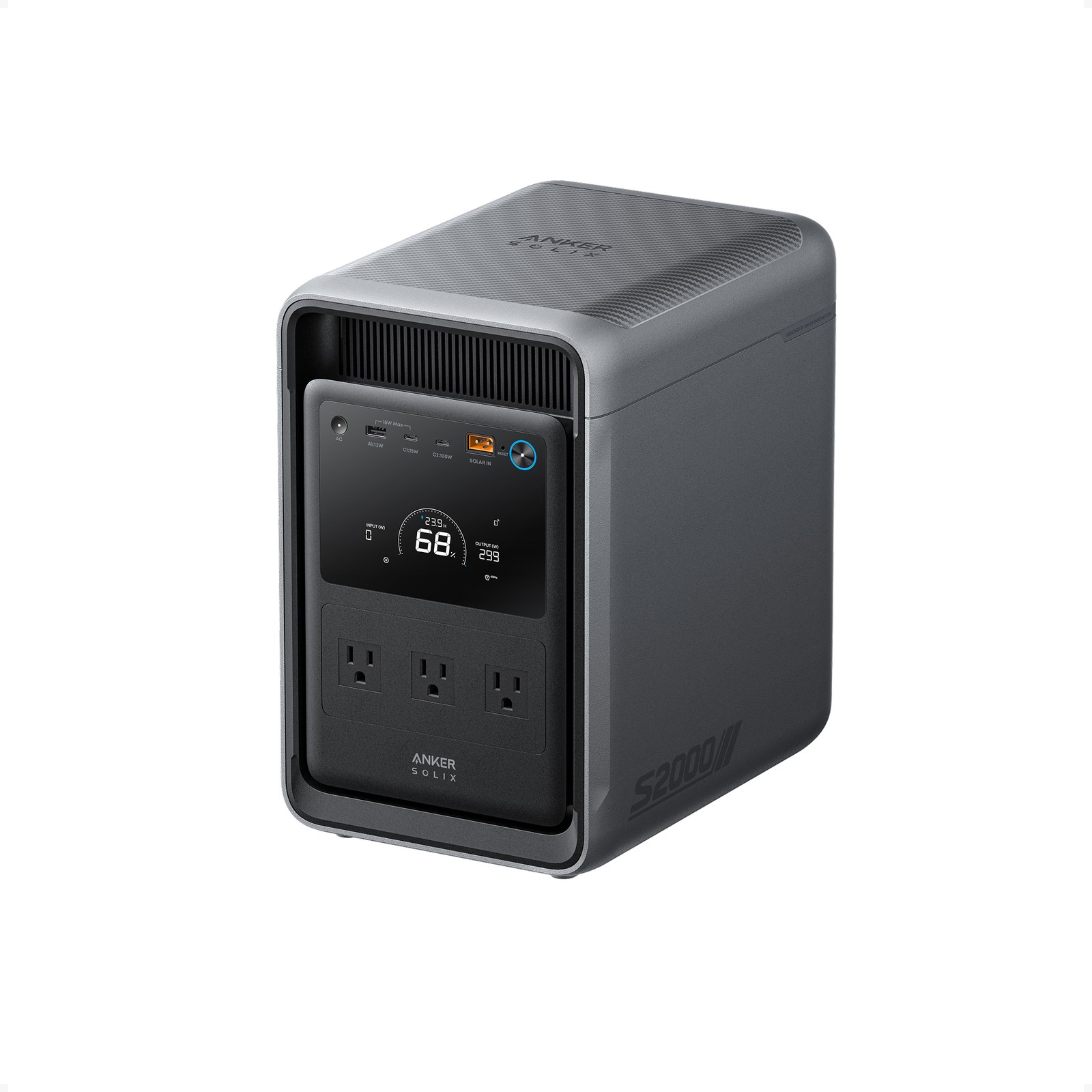 Official studio packshot of Anker SOLIX S2000 portable power station on white background
