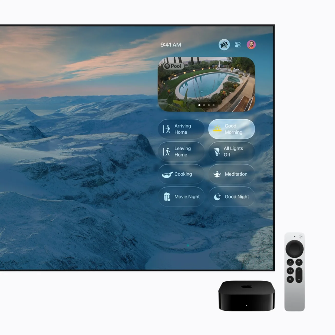 Apple TV 4K as a home hub, with camera and accessory controls on the TV