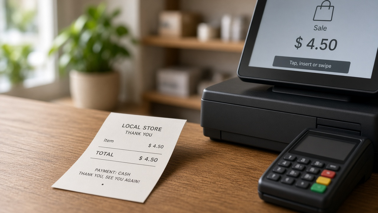 Paper receipt and till showing the same item total as the pay price, with no card surcharge line