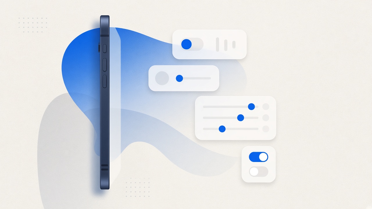 Abstract illustration of a smartphone with settings-style toggles — not an Apple screenshot