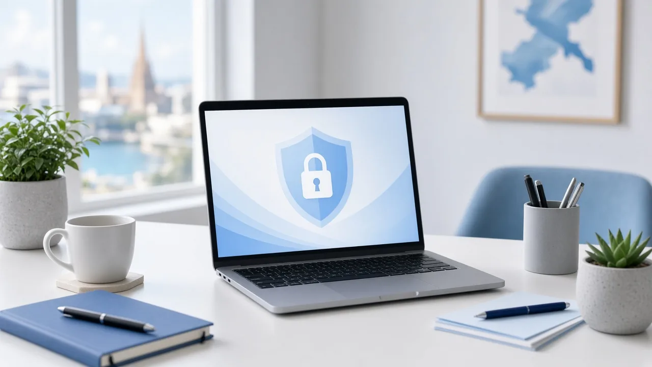 Laptop on a bright office desk showing a blue shield and lock icon, representing cybersecurity for Australian businesses