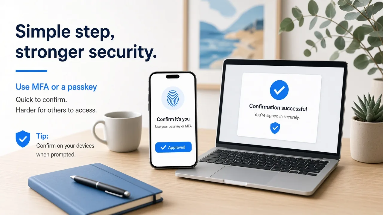 Phone and laptop showing a passkey or MFA confirmation screen on a desk