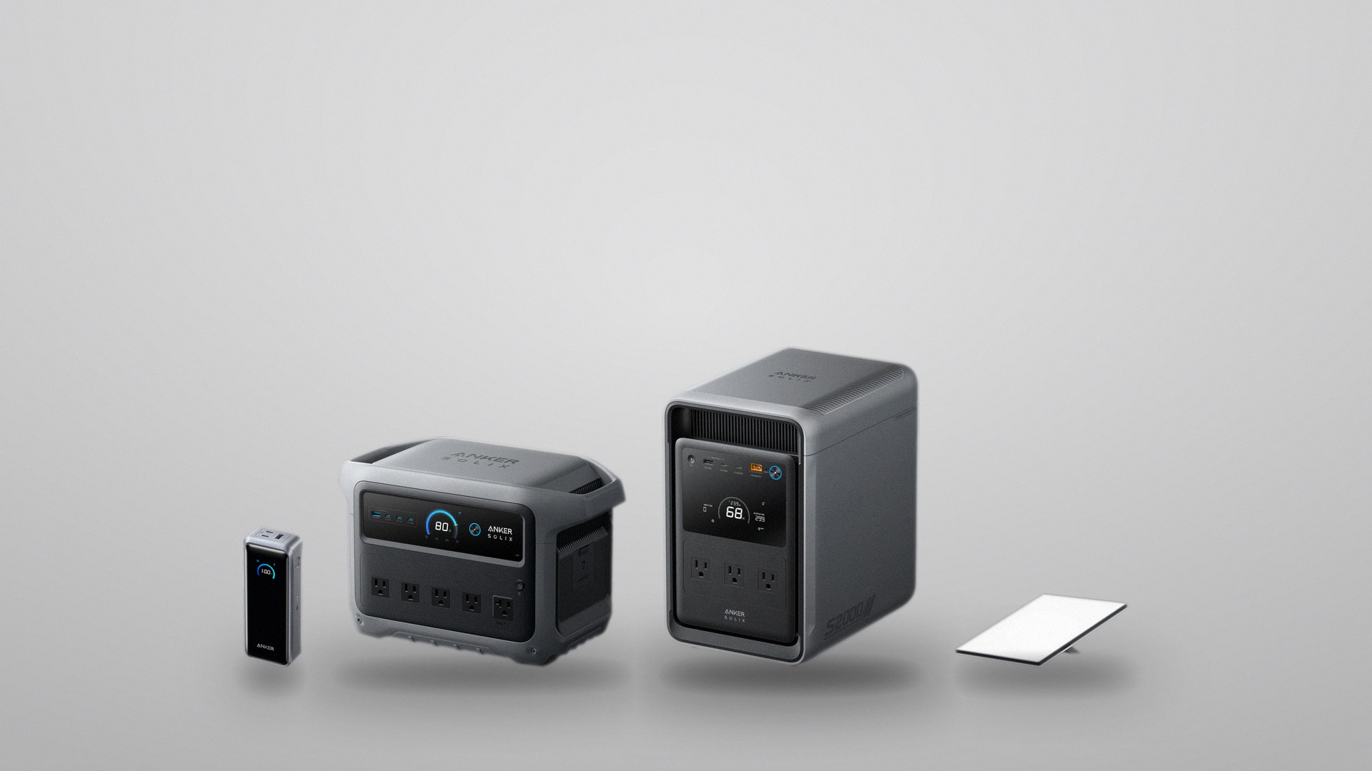 Studio size comparison of Anker Prime A110A power bank, Anker SOLIX C1000 Gen 2, Anker SOLIX S2000, and Starlink Mini